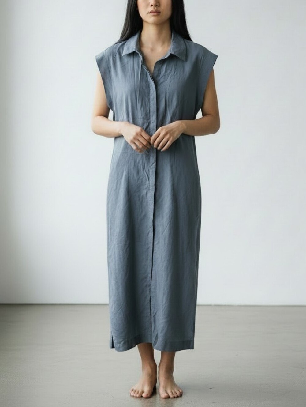 Mango Lyocell / Linen Sleeveless Collared Button Front Maxi Dress, Slate Blue